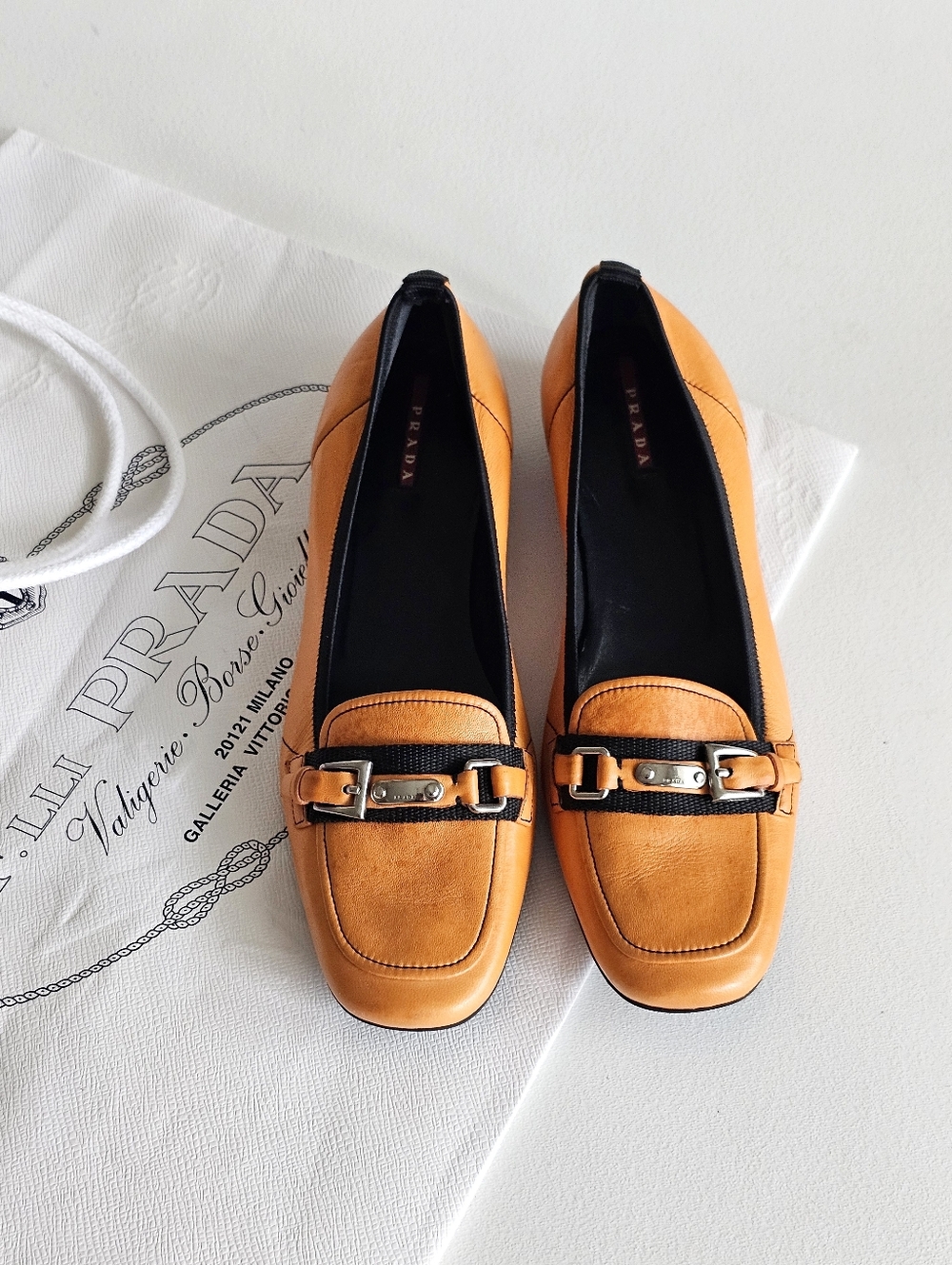 Prada Orange Leather Ballet Flats Loafers Buckle Square Toe Italy Size 40 + Bag